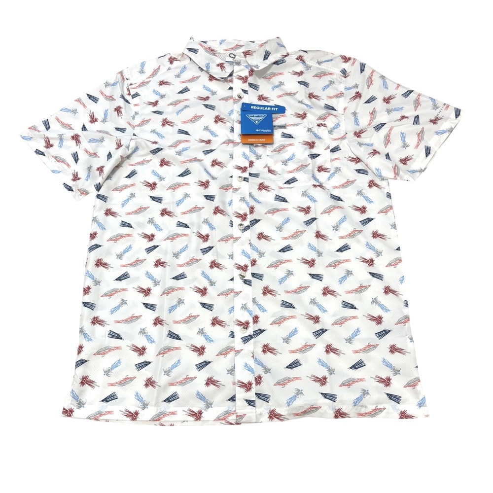 Columbia PFG Super Slack Tide Camp Shirt Mens Medium White Fly Lure FM1039-111